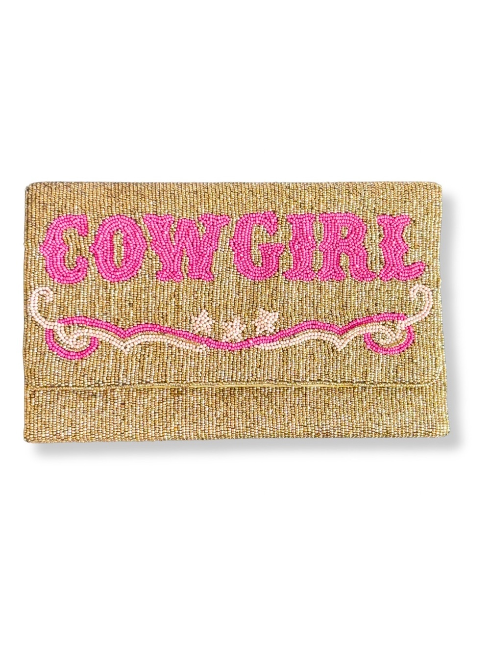 Handmade Beaded “COWGIRL” Clutch Purse Gold Pink Western Evening Bag Boho